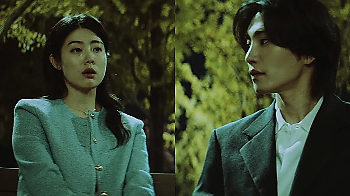 Gong Yeon-soo and Dokgo Dal discussing perspectives on a bench lined with ginkgo trees