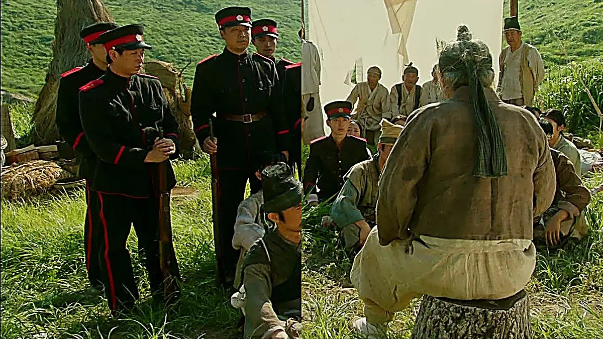 A group of men in military uniforms and traditional clothing on a hillside