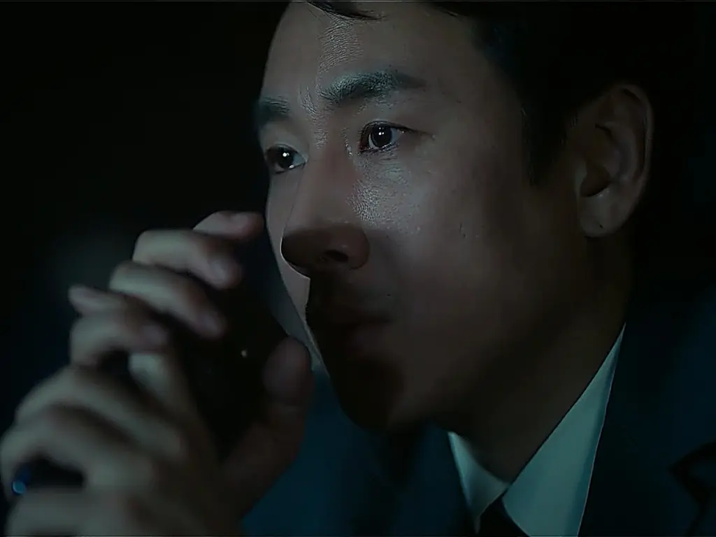 A man holding a mobile phone with both hands near his mouth in a dark setting