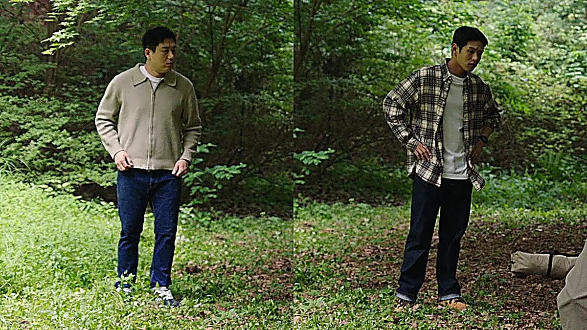 Sergeant Choi Il-gu and Staff Sergeant Lim Sung-min surveying the campsite terrain in casual layers