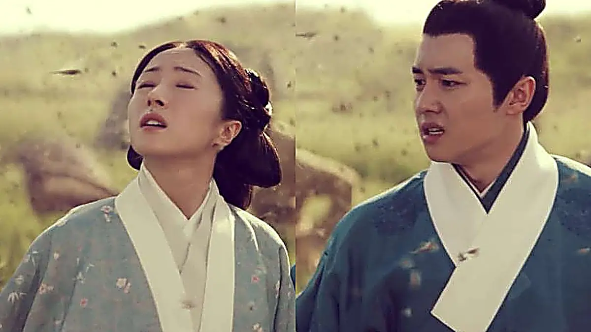 Two people in traditional robes standing in an open field surrounded by flying insects