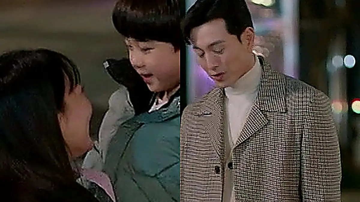Min Seon-ah and Tae-hoon standing together outdoors in tailored evening outerwear