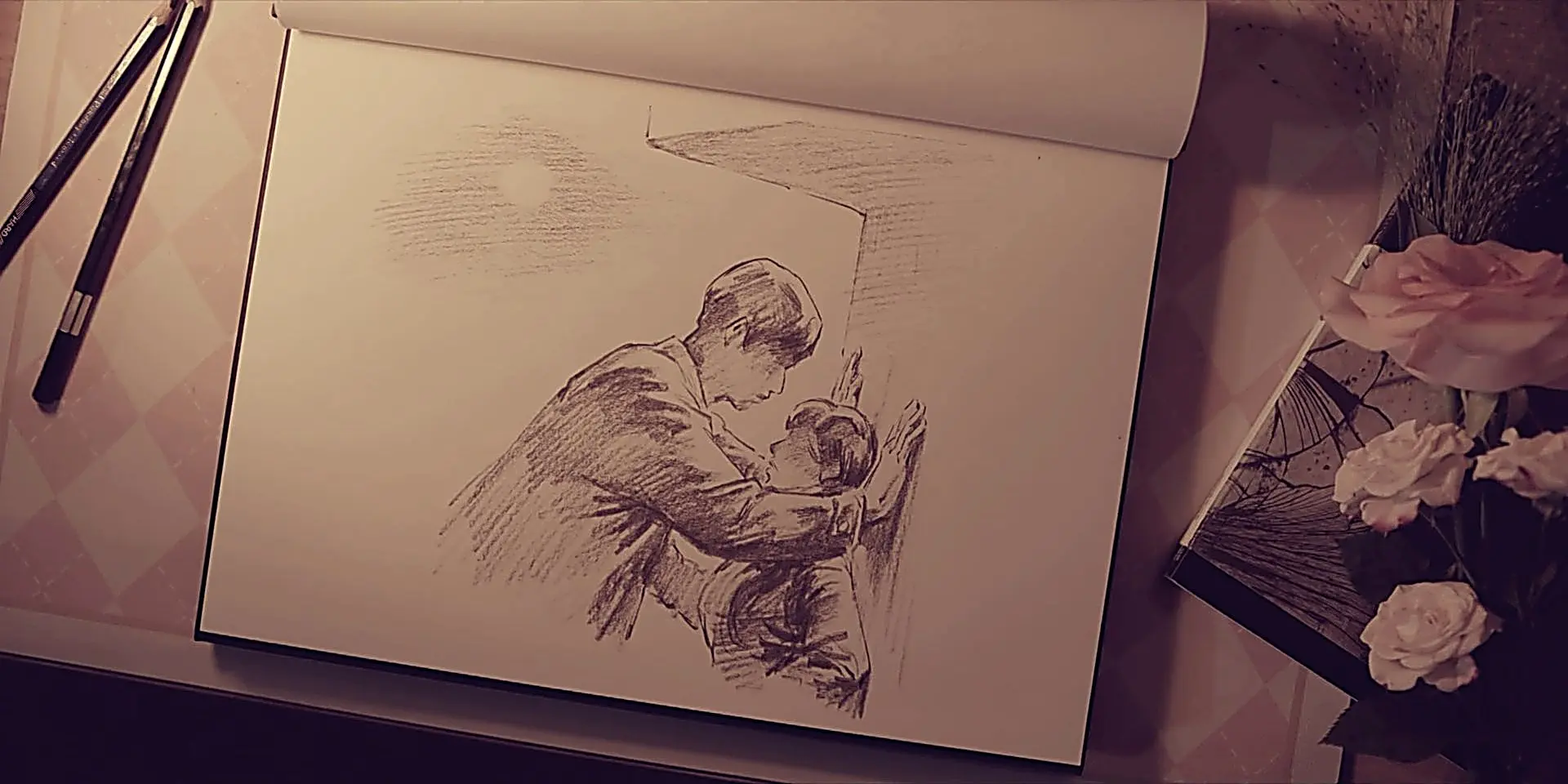 Lin Zhixia sketching the memory of her close encounter with Zhang Yubai in her sketchbook