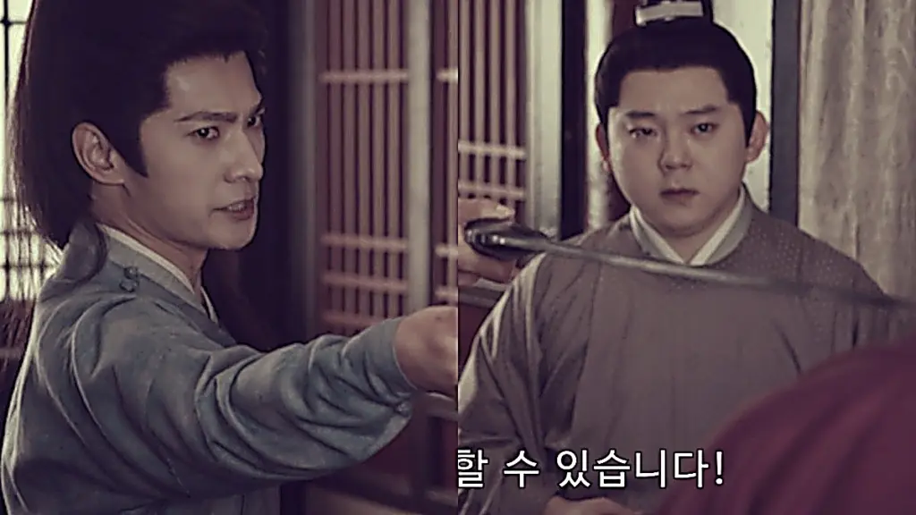 Zhan Zhao draws his blade before Official Di in Rainless Bell