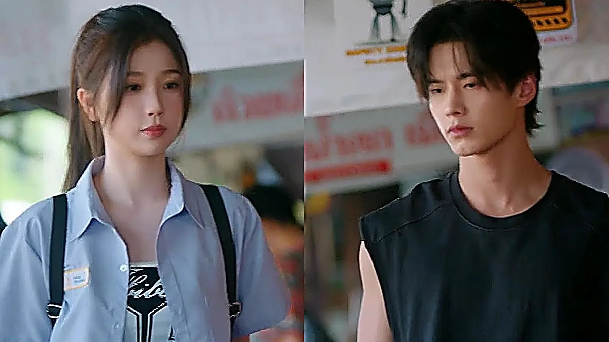 Jiang Mu in a light blue collared button-down uniform shirt and Jin Zhao in a black sleeveless tank walking together