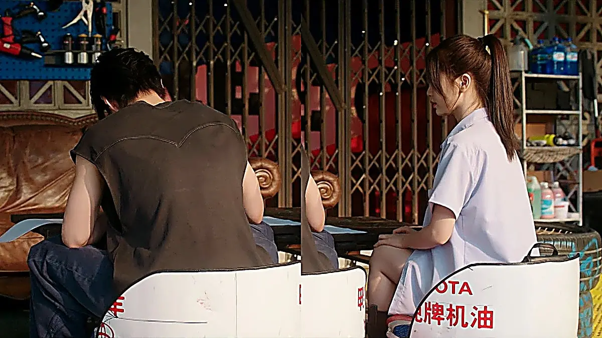 Jin Zhao reviewing notes while Jiang Mu sits beside him in the light blue collared uniform shirt