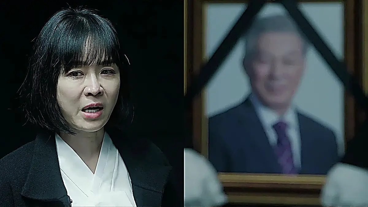 Hong Beom-ja looking at the emptied panic room in disbelief