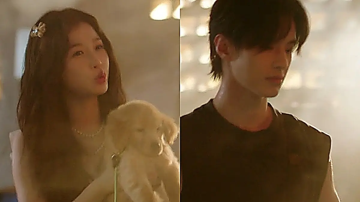 Jiang Mu holding a small golden puppy in her arms beside Jin Zhao in a dark sleeveless top
