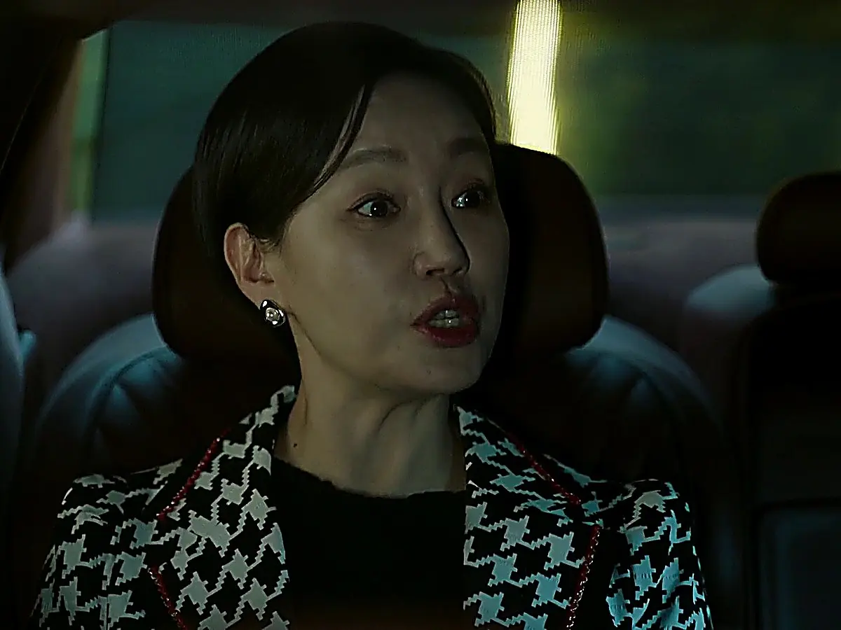 Hong Ok-seon wearing a structured houndstooth jacket with contrast trim in a car