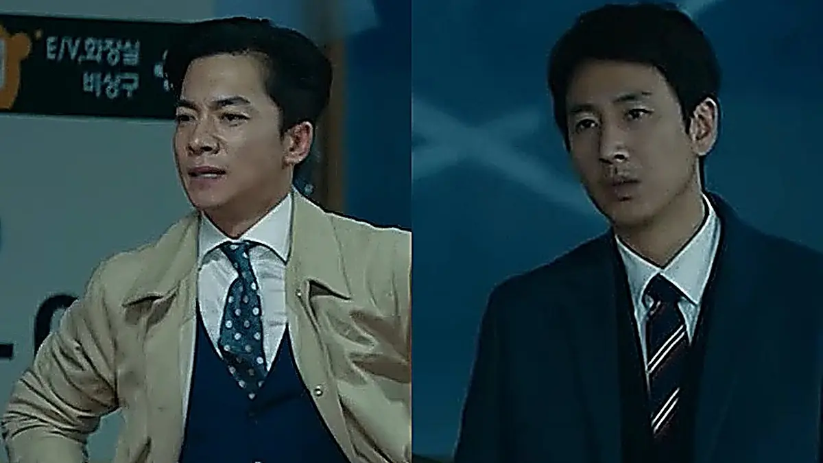 Side-by-side view of two men wearing suits during a confrontation