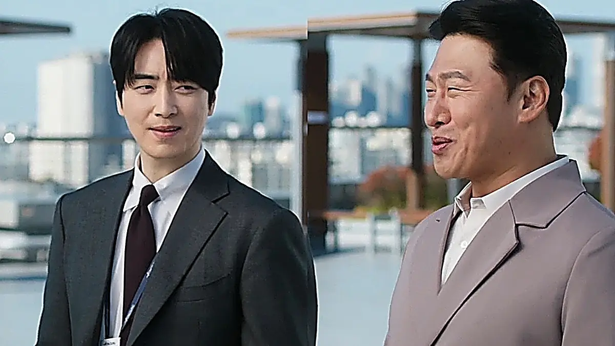 Gong Eun-tae in a charcoal suit standing next to Jung Seon-hyuk in a taupe double-breasted suit jacket