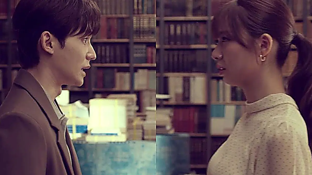 A split frame showing a man in a brown jacket and a woman with her hair in a ponytail facing each other among bookshelves