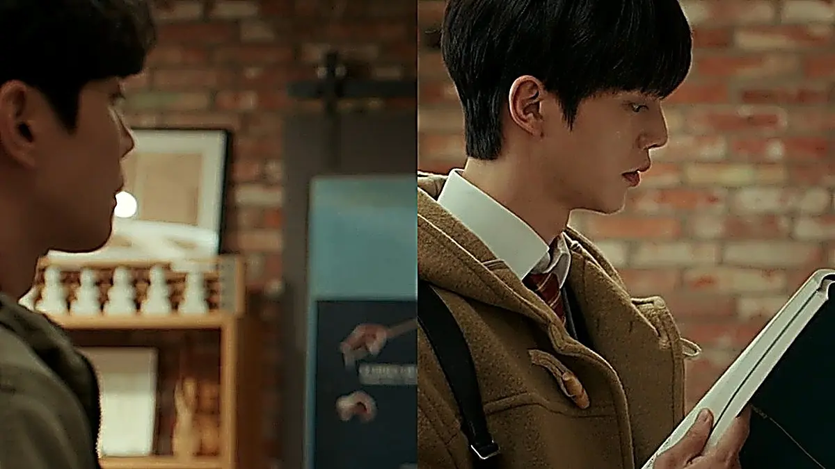 Kang Bi-o wearing a camel wool-blend hooded duffle coat over a collared shirt