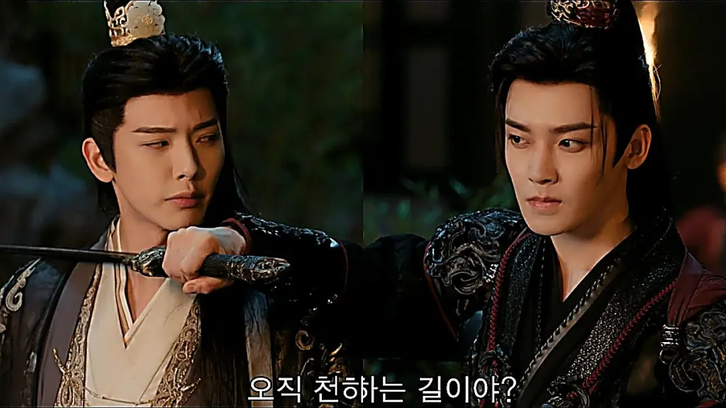 Two men in dark robes facing each other in profile, one holding a sword blade across the other's neck