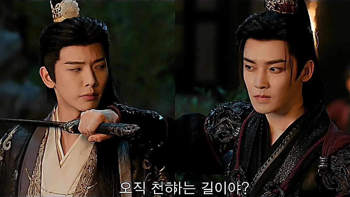 Two men in dark robes facing each other in profile, one holding a sword blade across the other's neck