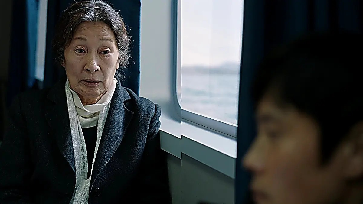 An older woman in a dark coat and knit neck scarf seated beside a window on a passenger vessel